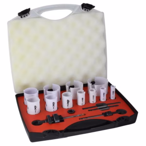 Open tool case with red interior holding a set of white cylindrical dies and assorted hand tools, arranged in custom foam inserts for organization.