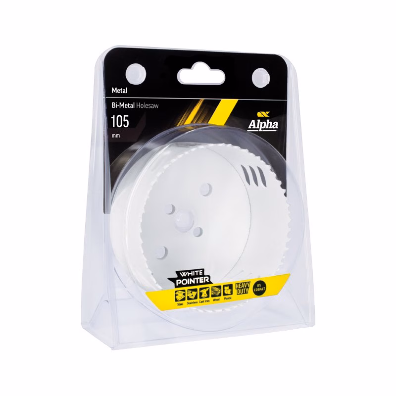 HSV105_3 - Alpha Tools Bi-metal holesaw kit, 105 mm, in clear plastic blister packaging.