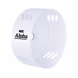 White circular plastic disk with a jagged outer edge and slotted openings; Alpha branding visible on the side.
