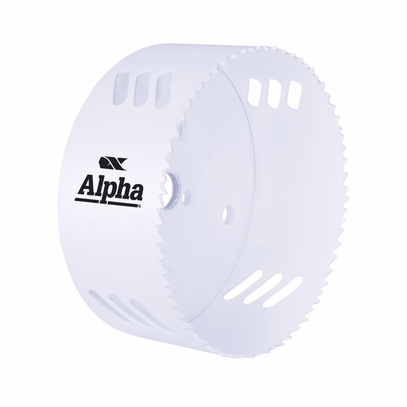 HSV114 - Alpha Tools White circular plastic component with a serrated outer edge and slotted vents, featuring the Alpha logo on the side