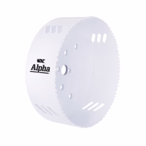 White circular saw blade with sharp teeth around the edge and ventilation/slot openings; Alpha brand logo visible on the side.