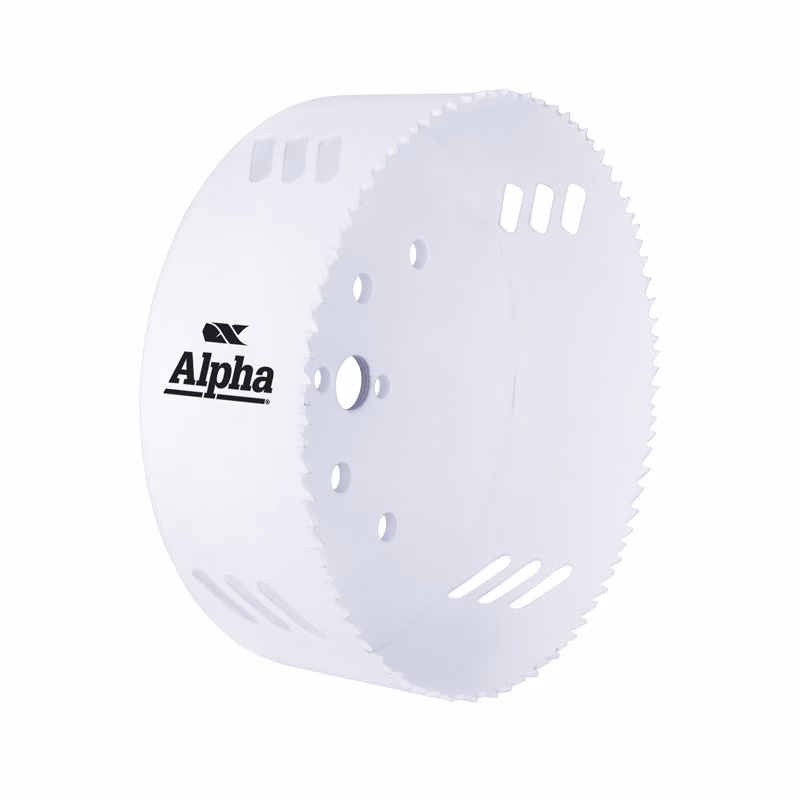 HSV160 - Alpha Tools White circular hole saw attachment with a jagged edge and the Alpha logo for drilling circular holes