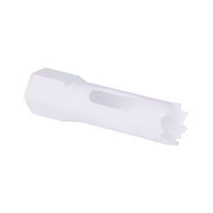 White plastic drywall wall anchor (expansion plug) designed for screws in drywall or plaster walls, shown angled with a hollow body and ribbed interior.