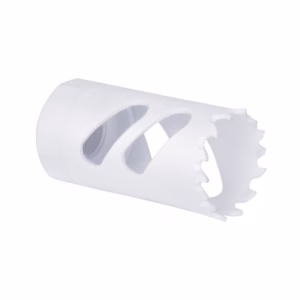 White plastic cylindrical kitchen tool with a serrated circular end, used for coring or seeding fruits and vegetables.