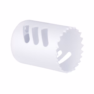 White plastic pastry tool with a serrated ring at one end and a hollow cylindrical body, likely a cake decorating or cookie-cutting accessory