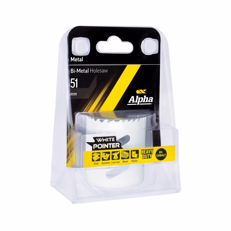 HSV51_3 - Alpha Tools Packaging for an Alpha bi-metal holesaw, 51 mm, in a blister pack with a yellow/black label reading 'White Pointer' and 'Heavy Duty'