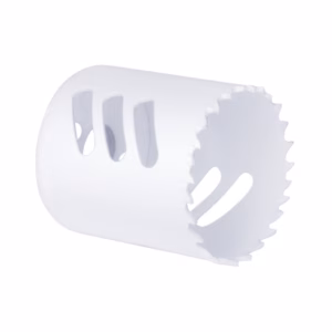 White plastic cylindrical kitchen attachment with a serrated circular edge, likely a dough cutter or crimper tool.