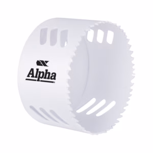 White plastic pastry cutter with a serrated circular edge and ventilation slots, featuring the Alpha logo on the side.