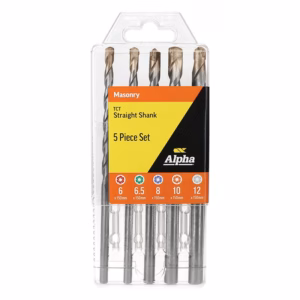 Masonry drill bit set: 5 TCT straight shank bits in a clear plastic case, sizes 6–12 x150mm (Alpha brand).