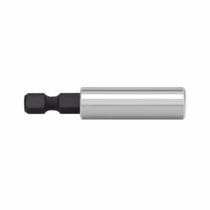 Metal screwdriver bit holder with a black hex shank and silver cylindrical body