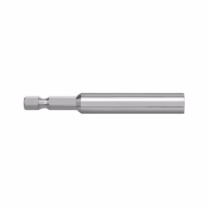 Long silver metal screwdriver bit/adapter with a hex-shaped drive on the left and a smooth cylindrical shank on the right