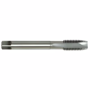 Metal thread tap with spiral flutes on one end and a smooth shank, used to cut internal threads in metalwork.