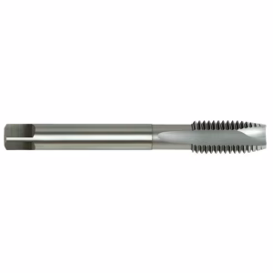 Cylindrical metal thread mill with spiral cutting flutes at the tip, used to cut internal threads in metal.