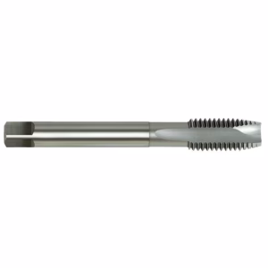 Thread milling tool with spiraled cutting teeth on the working end, shown horizontally in metal.