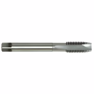 Metal thread-cutting tap with fluted left end and threaded right end used to cut internal threads in holes (industrial cutting tool)