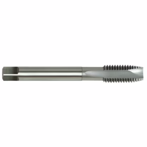 Long metal threading tool with spiral cutting teeth at one end for cutting external threads on a workpiece.