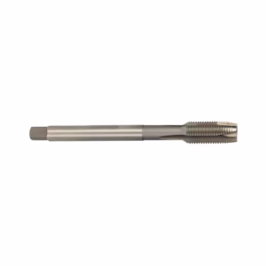 Metal thread-cutting tap with square drive on left and spiraled flutes on right, used to cut internal threads in holes.
