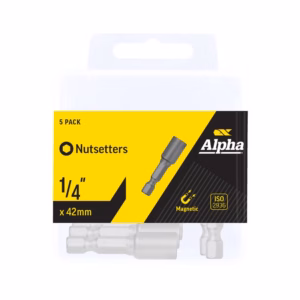 Five-piece Nutsetters set, 1/4" (42 mm) magnetic bits, in bright yellow/black packaging with Alpha branding