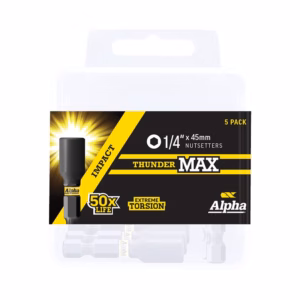 Five-pack Alpha ThunderMax 1/4'' x 45mm nutsetters in black-yellow packaging.