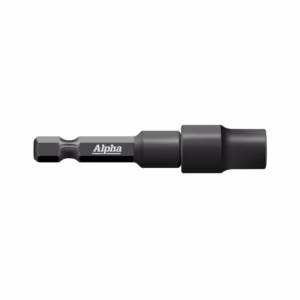 Alpha-brand black metal driver bit with hex tip and a larger socket adapter on the right, shown horizontally