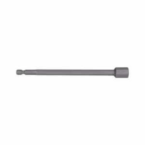 Long metal drive shaft with a small hex bit at the left end and a large cylindrical socket at the right end.