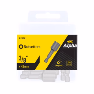 Five-pack set of 3/8 inch (42 mm) magnetic Nutsetters in a plastic case, yellow/black Alpha packaging with 'Nutsetters' branding and ISO 2936 label.