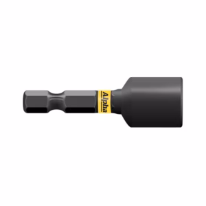 Screwdriver bit attached to a large black socket with a yellow Alpha label.