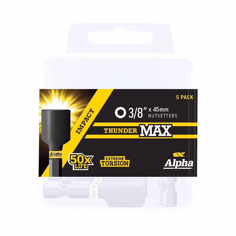 NS3845SMH - Alpha Tools Packaging for Alpha Impact Thunder Max 3/8" x 45 mm nutsetters, 5-pack, black and yellow design