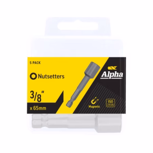 Five-pack of Alpha Nutsetters magnetic 3/8 in (65 mm) bits in a clear plastic case with label showing 5 pack and ISO 2936 mark.