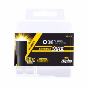 Five-pack of Alpha Thunder Max impact nutsetters, 3/8" (65 mm) size, in black-yellow packaging.