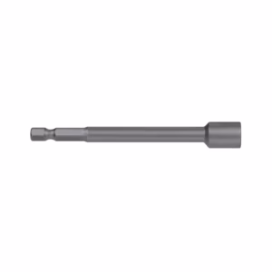 Long metal hex bit adapter with square drive on the left and a cylindrical socket on the right, used to extend a socket arm.