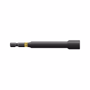 Long black screwdriver bit extension with hex shank for attaching bits to a drill or driver.
