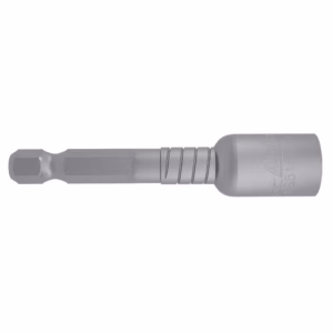 Metal socket drill bit/driver with a hex drive and grooved handle, used to drive bits and sockets together.