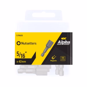 Five-piece Nutsetters magnetic nut setter bit set in clear plastic case with bright yellow and black label (5/16" x 42mm)