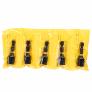 Five yellow blister packs containing small black valve adapters lined up side by side in a row.