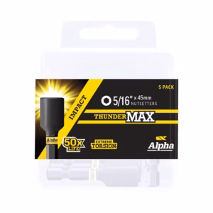 Packaging for Alpha Thunder Max 5/16 in (45 mm) nutsetters, 5-pack, in a clear case with black-yellow label.