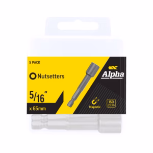 Pack of 5 magnetic nutsetters in yellow/black packaging labeled '5 Pack', 'Nutsetters', '5/16" x 65mm' with an image of the bit.