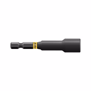 Black screwdriver with a replaceable hex bit and a yellow Alpha branding ring on the coupling