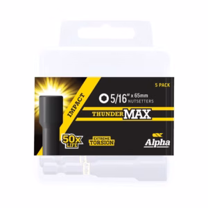 ThunderMax 5/16" x 65mm nutsetters, 5-pack, black and yellow Alpha packaging shown on clear case handle nearby.