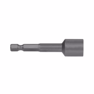 Metal tool bit with a small hex drive on the left and a larger cylindrical socket end on the right