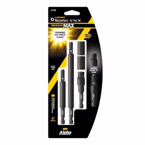 Six‑piece Alpha ThunderMAX Nutsetter set in black/yellow packaging, featuring interchangeable shaft tips and removable socket components.