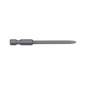 Long metal screwdriver bit with a hexagonal base on the left and a slim shaft ending in a tapered tip on the right