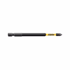 Precision screwdriver with a black shaft and a yellow Alpha branding near the tip, designed for interchangeable bits.