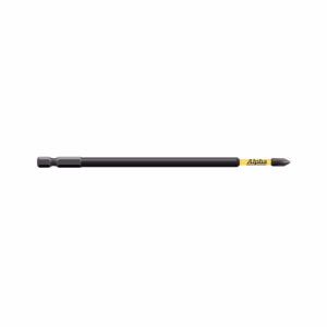 Black mechanical pencil lying horizontally with a yellow band near the tip labeled Alpha.