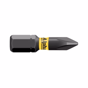 Screwdriver bit with a dark gray body and a yellow brand band, used to drive screws.