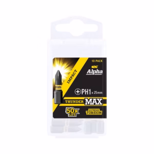 Ten-pack Alpha ThunderMax PH1 25mm driver bits in a clear case with yellow/black label indicating '50x life' and 'Extreme Torsion' (10 pack).
