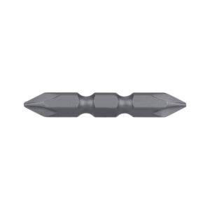 Double-ended metal screwdriver bit with symmetrical pointed tips, gray