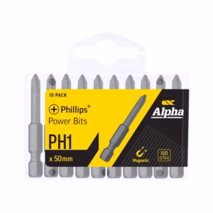 Ten-pack PH1 Phillips power bits (50mm) in clear plastic case with yellow/black Alpha packaging.