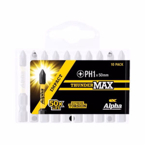 10-pack ThunderMax screwdriver bit set (PH1, 50mm) in black and yellow packaging by Alpha for impact driving, extreme torsion design