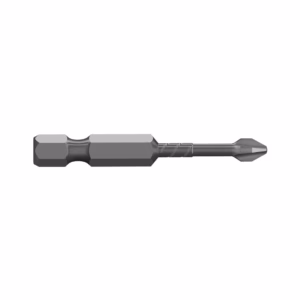 Metal screwdriver bit with a hexagonal base and spiraled shaft ending in a drive tip; a long bit used in power drills.